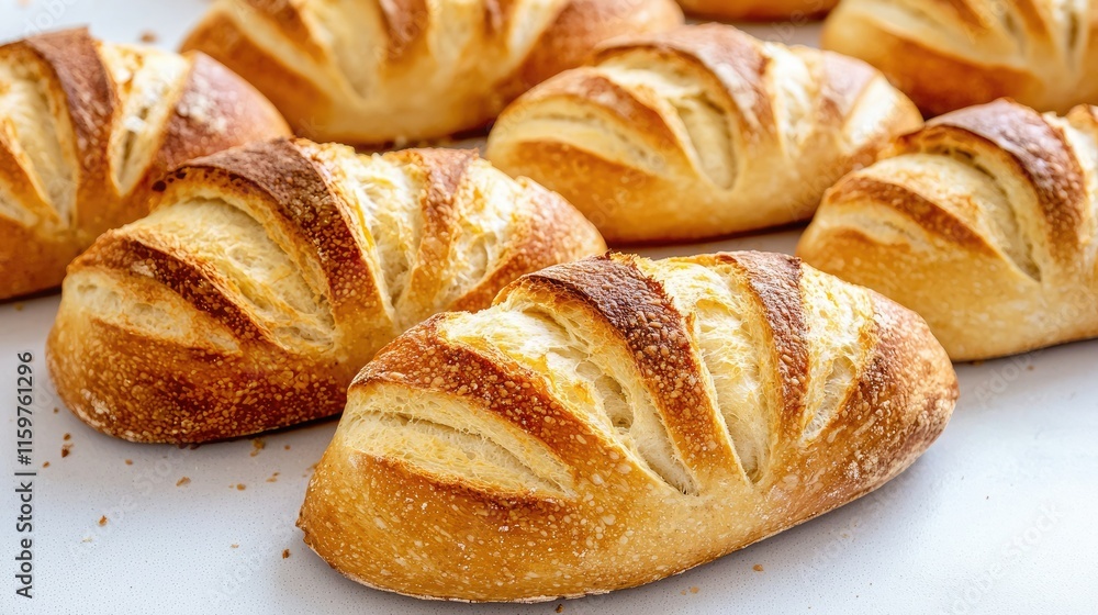 Freshly baked bread loaves with golden crusts and decorative slashes, arranged neatly on a surface. Freshly baked bread loaves with golden crusts and decorative slashes, arranged neatly on a surface.