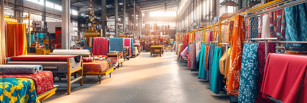 Fototapeta premium A wide shot of a bustling textile printing workshop, with colorful fabrics hanging from racks and multiple printers producing vivid patterns. 