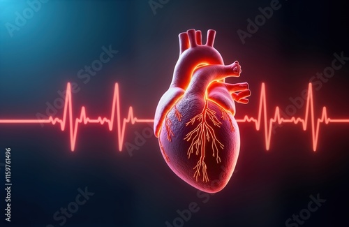 3D anatomical heart illustration with glowing blood vessels. Heart rhythm, pulse highlighted by ECG line. Medical illustration demonstrates human heart structure, function. Illustrates cardiac cycle