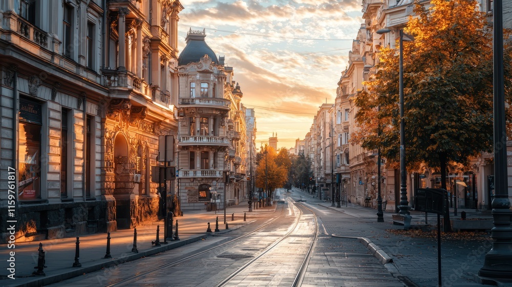 Fototapeta premium Sunrise illuminates empty autumn city street.