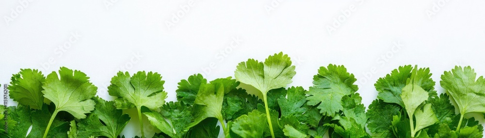 Fresh green cilantro leaves arranged neatly against a white background. Fresh green cilantro leaves arranged neatly against a white background.