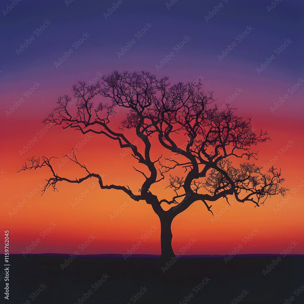 Sunset Silhouette: The Tranquil Beauty of a Tree Against a Vibrant Evening Sky Sunset Silhouette: The Tranquil Beauty of a Tree Against a Vibrant Evening Sky
