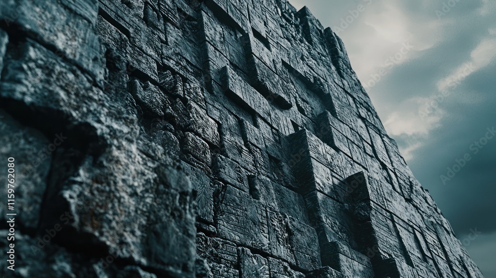 Dark stone wall texture, low angle view against stormy sky. Dark stone wall texture, low angle view against stormy sky.