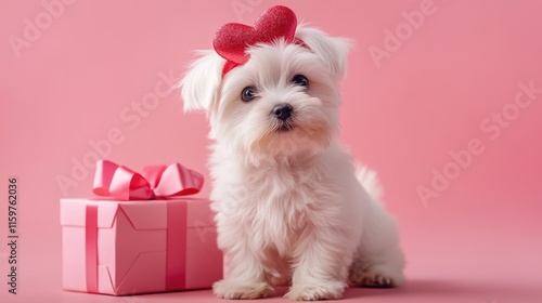 sweet Maltese dog wear red heart shape headband beside valentine gift box with pink background for Valentine greeting card.
