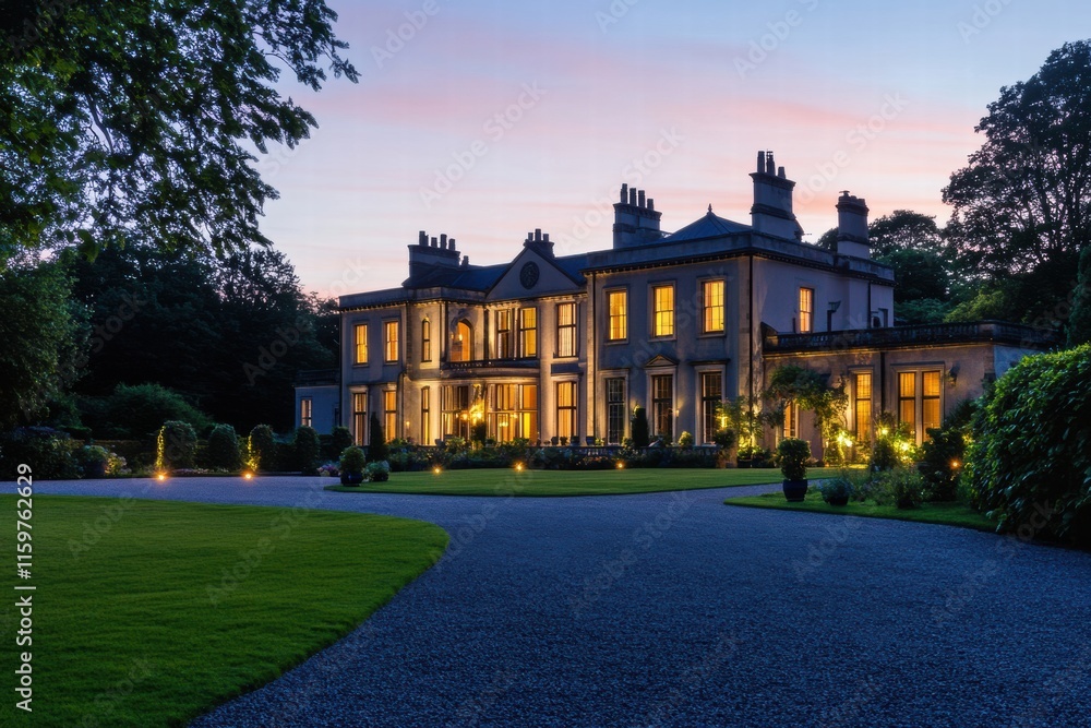 Luxury mansion illuminated at twilight, with a beautifully landscaped garden and a serene atmosphere. Generative AI Luxury mansion illuminated at twilight, with a beautifully landscaped garden and a serene atmosphere. Generative AI
