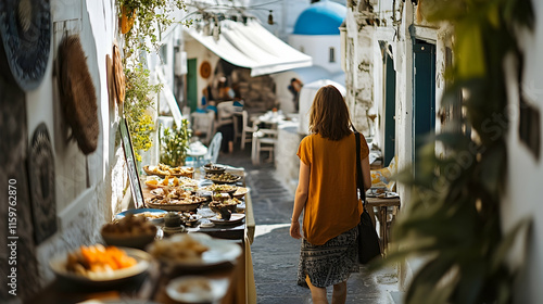 Fototapeta Naklejka Na Ścianę i Meble -  Woman strolling narrow streets Santorini Greece Europe iconic white walls blue domes