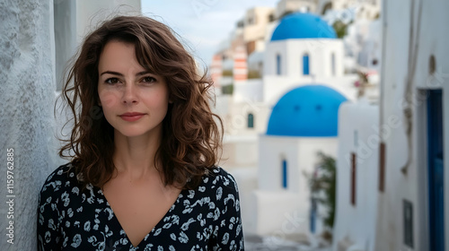 Fototapeta Naklejka Na Ścianę i Meble -  Woman strolling narrow streets Santorini Greece Europe iconic white walls blue domes