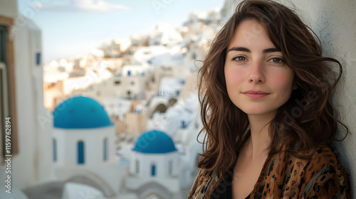 Fototapeta Naklejka Na Ścianę i Meble -  Woman strolling narrow streets Santorini Greece Europe iconic white walls blue domes