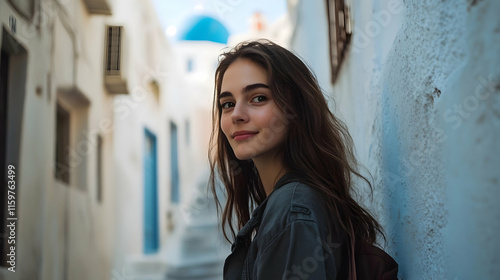 Fototapeta Naklejka Na Ścianę i Meble -  Woman strolling narrow streets Santorini Greece Europe iconic white walls blue domes