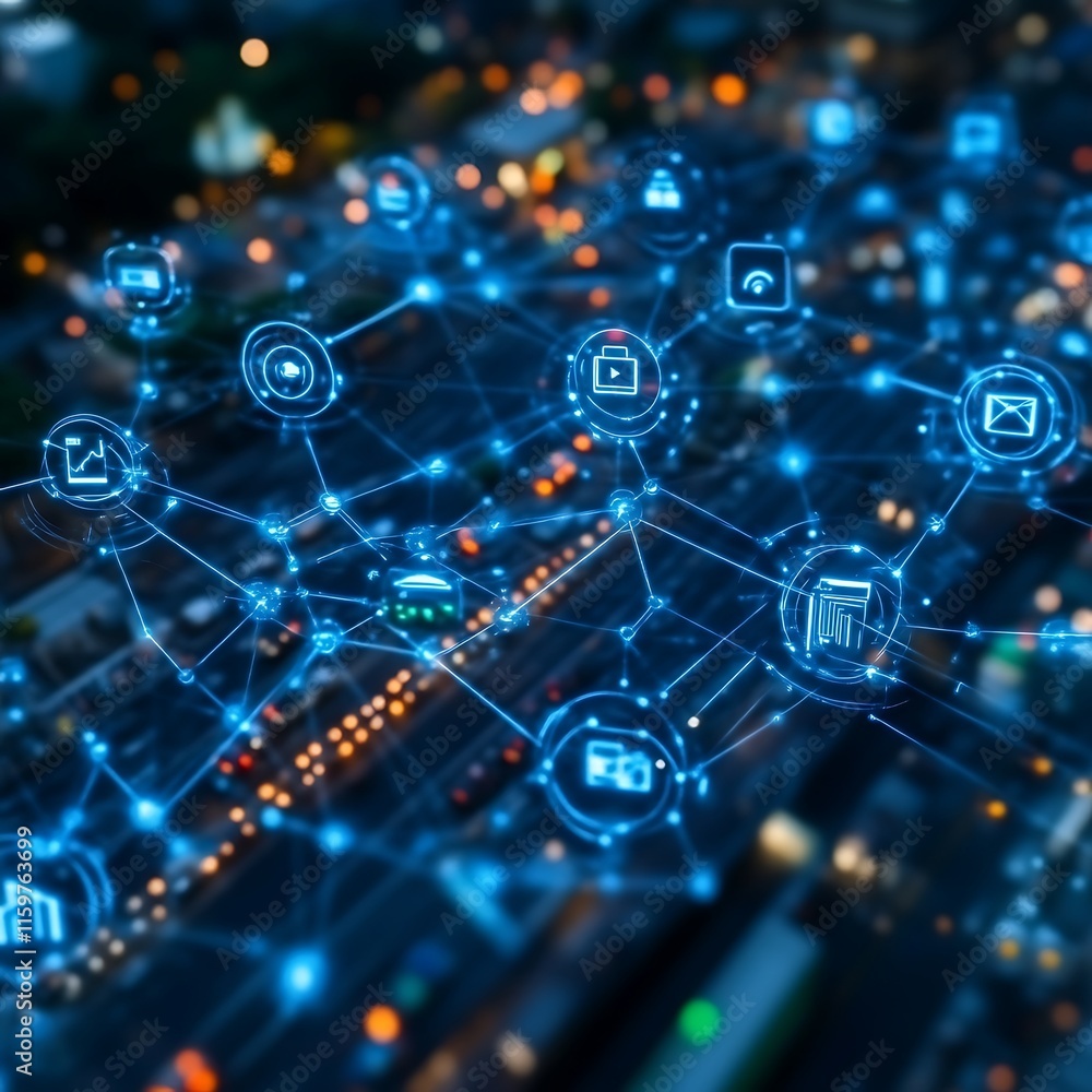 Digital Network Cityscape Glowing Icons Connected Lines Abstract Design Digital Network Cityscape Glowing Icons Connected Lines Abstract Design
