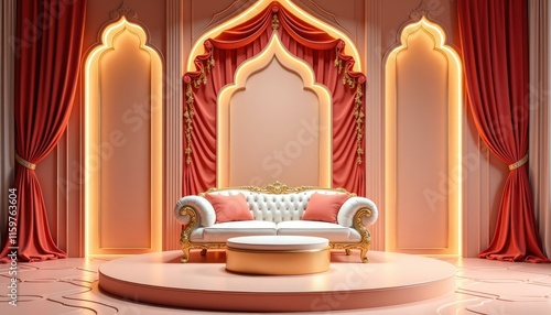  A luxurious white sofa with gold accents and two matching gold throw pillows sits on a round gold table, backed by a pink wall with three arched windows and red curtains.
