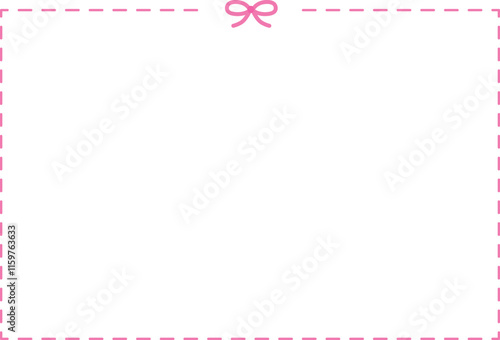 Pink frame with ribbon. Cute, simple, dotted line. Vector illustration