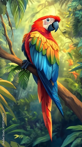 Wallpaper Mural A vibrant parrot perched on a branch amidst a lush, tropical forest. Torontodigital.ca