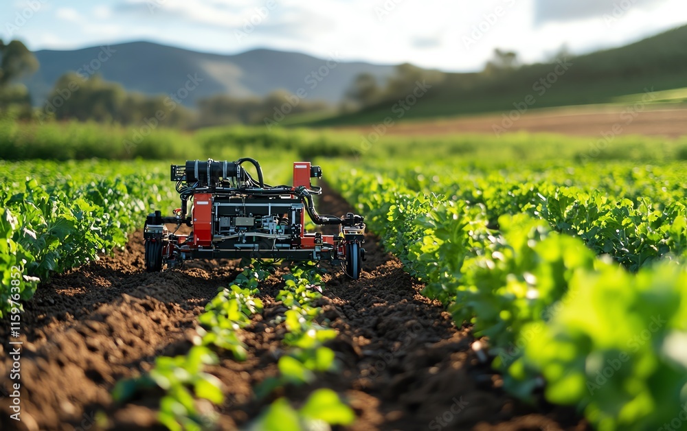 An innovative robot farmer in a field, using cuttingedge agricultural technology to plant crops and optimize harvests, showcasing the future of farm automation An innovative robot farmer in a field, using cuttingedge agricultural technology to plant crops and optimize harvests, showcasing the future of farm automation