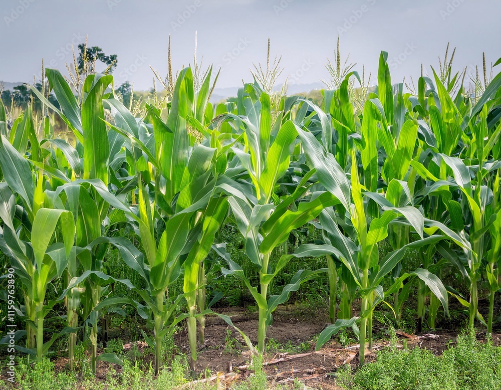 Obraz premium Bright green corn or maize grows abundantly in corn fields