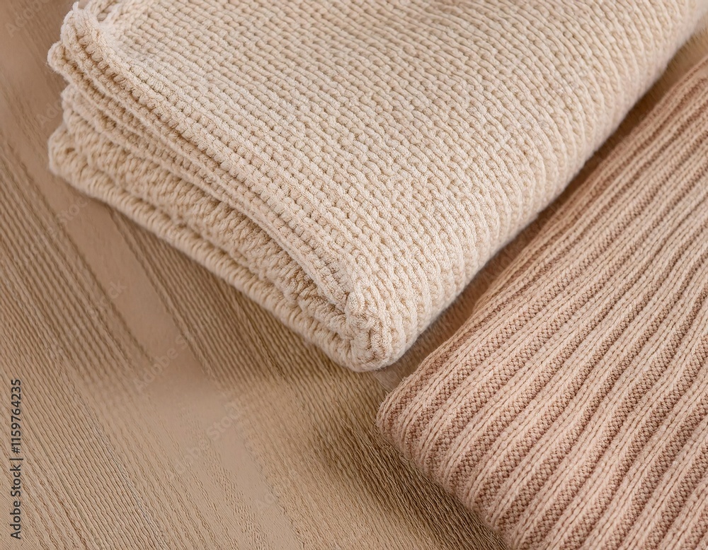 Simple Warmth: Beige Knitted Blankets Laid Diagonally on Surface Simple Warmth: Beige Knitted Blankets Laid Diagonally on Surface