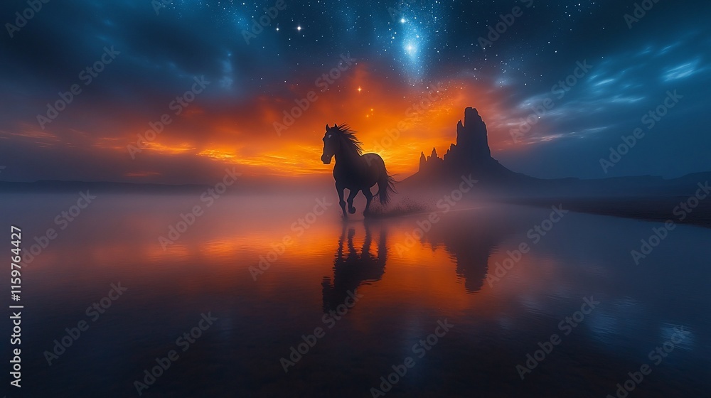 Fototapeta premium A lone horse runs across a tranquil lake at sunset