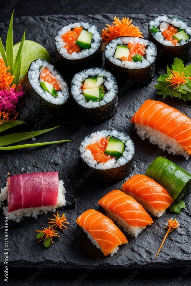 Gourmet sushi display featuring colorful rolls, sashimi, and garnishes. Ideal for food styling, restaurant advertising, and culinary articles, highlighting fresh ingredients and artistic presentation. Gourmet sushi display featuring colorful rolls, sashimi, and garnishes. Ideal for food styling, restaurant advertising, and culinary articles, highlighting fresh ingredients and artistic presentation.