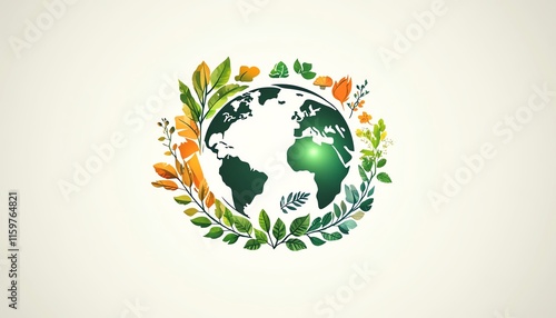 A modern, minimalist Earth Day logo with a stylized globe and ecofriendly symbols, set against a pure white background for a clean look photo