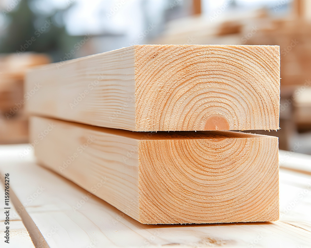 Close-up of two neatly stacked, smooth, light-colored lumber beams showcasing the wood grain and growth rings. Ideal for construction, carpentry, and woodworking projects. Close-up of two neatly stacked, smooth, light-colored lumber beams showcasing the wood grain and growth rings. Ideal for construction, carpentry, and woodworking projects.