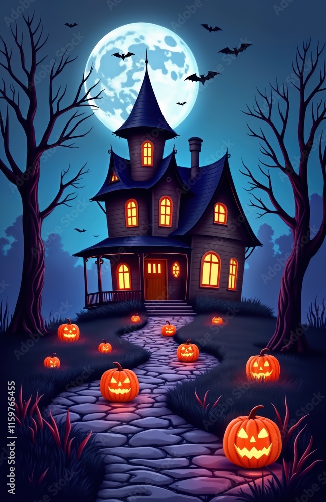 Haunted house illustration at night under full moon. Dark purple background. Glowing pumpkins on stone path leading to house. Trees surround haunted house. Halloween spooky theme. Spooky scary house Haunted house illustration at night under full moon. Dark purple background. Glowing pumpkins on stone path leading to house. Trees surround haunted house. Halloween spooky theme. Spooky scary house