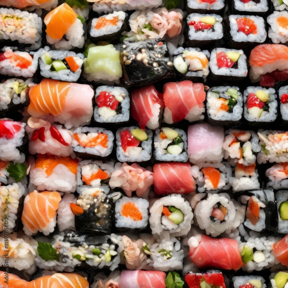 Gourmet sushi display featuring colorful rolls, sashimi, and garnishes. Ideal for food styling, restaurant advertising, and culinary articles, highlighting fresh ingredients and artistic presentation. Gourmet sushi display featuring colorful rolls, sashimi, and garnishes. Ideal for food styling, restaurant advertising, and culinary articles, highlighting fresh ingredients and artistic presentation.