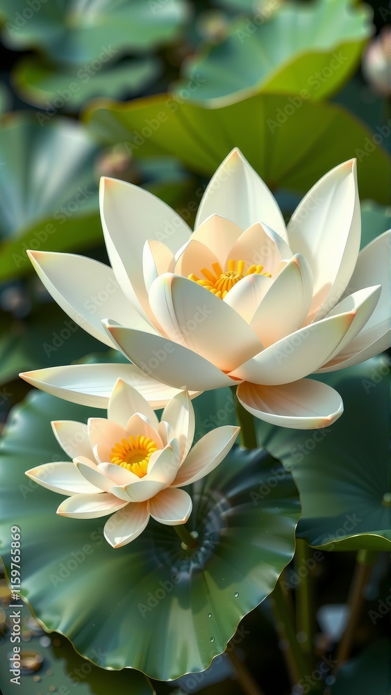 Serene water lily blooms in tranquil pond setting: nature's elegance Serene water lily blooms in tranquil pond setting: nature's elegance