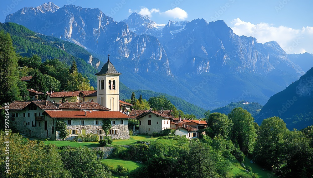 A serene panorama of Rocca Pietore village with its quaint church, set against the towering Marmolada and lush green valleys in the Dolomites A serene panorama of Rocca Pietore village with its quaint church, set against the towering Marmolada and lush green valleys in the Dolomites