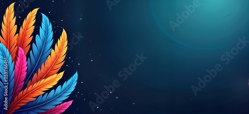 Colorful vibrant feathers in orange blue, pink colors arranged against dark blue background. Feathers create festive, celebratory carnival design. Design used as template for marketing materials like photo