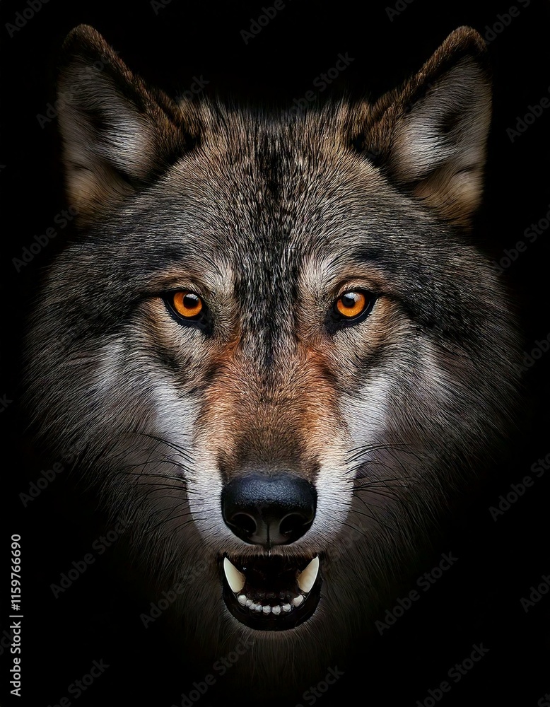 Fototapeta premium The muzzle of an evil wolf on a black background