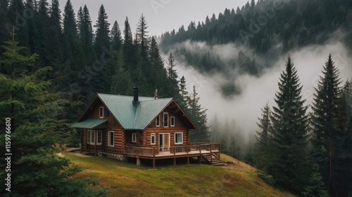 vacation mode, Cozy cabin surrounded by dense forest and foggy hills

