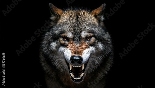 The muzzle of an evil wolf on a black background