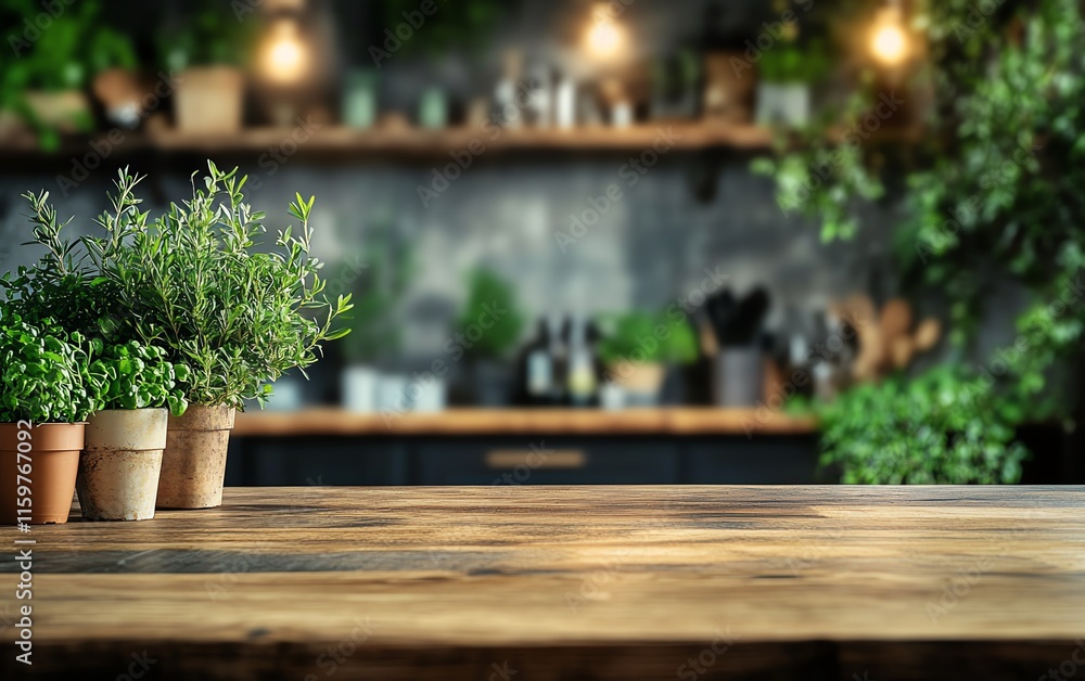 A wooden table adorned with fresh green plants, with a blurred kitchen counter in the background, blending rustic charm with contemporary style A wooden table adorned with fresh green plants, with a blurred kitchen counter in the background, blending rustic charm with contemporary style