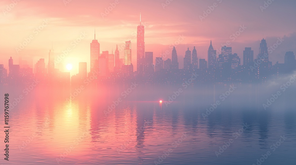 Fototapeta premium Misty sunrise over a cityscape reflected in calm water.