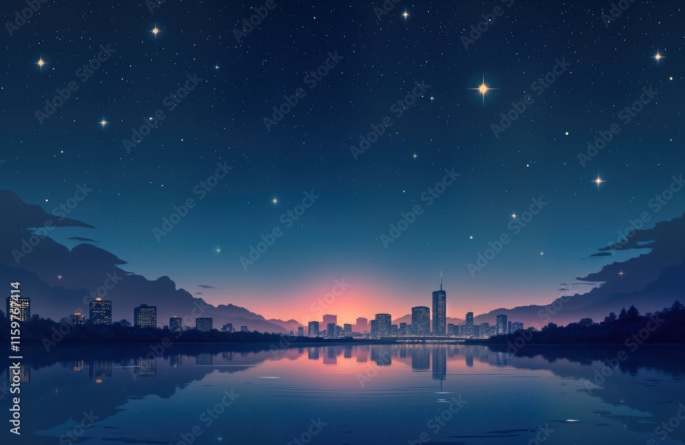 Futuristic city silhouette reflected in calm water. Night sky dotted with stars. Sunrise behind city skyline. Scenic view of city at dawn. Dark waters reflecting city lights. Starry night. Calm Futuristic city silhouette reflected in calm water. Night sky dotted with stars. Sunrise behind city skyline. Scenic view of city at dawn. Dark waters reflecting city lights. Starry night. Calm