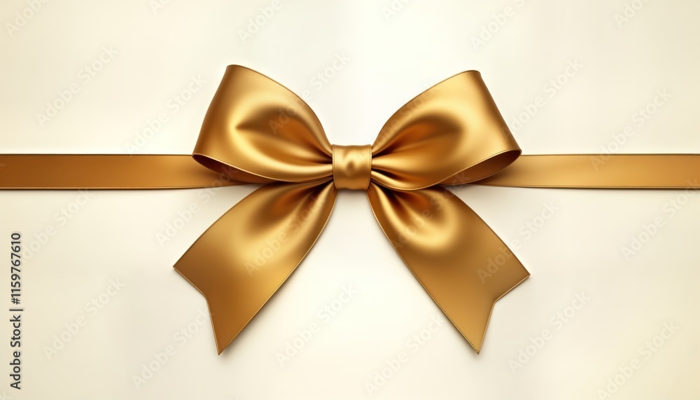 Fototapeta premium Elegant gold ribbon bow with smooth satin finish. Simple and minimalist design. Isolated on a plain background. Perfect for graphic design use in gift wrapping or celebration concepts.