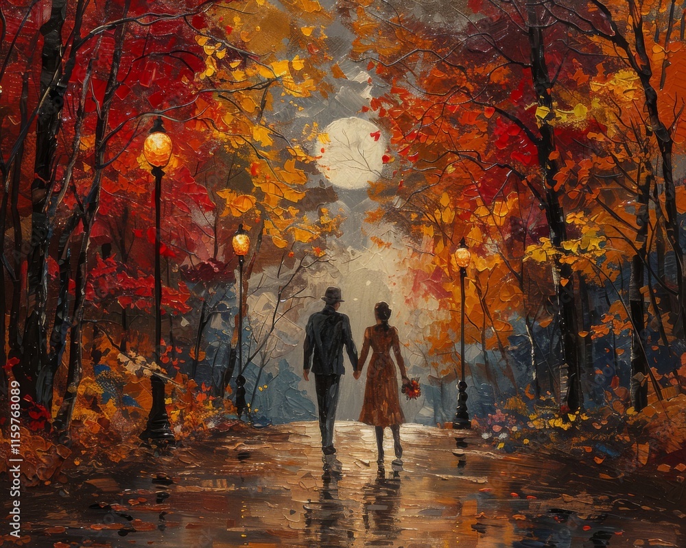 Artistic rendering of an oil painting of a couple holding hands and walking down a road surrounded by beautifully colored trees in fall