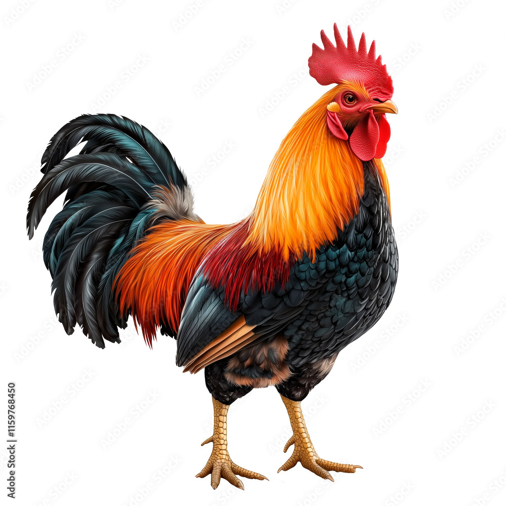 Fototapeta premium A majestic rooster with vibrant red, orange, and white plumage standing proudly on a transparent background. Ideal for farm, agriculture, or nature-themed projects highlighting rural life.