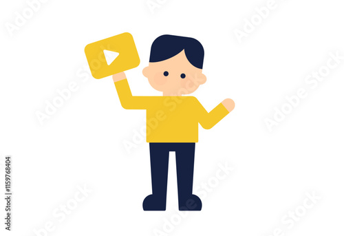 動画プレーヤーアイコンを持つ人物のフラットデザインイラスト ( ベクター素材 シンプル デフォルメ )