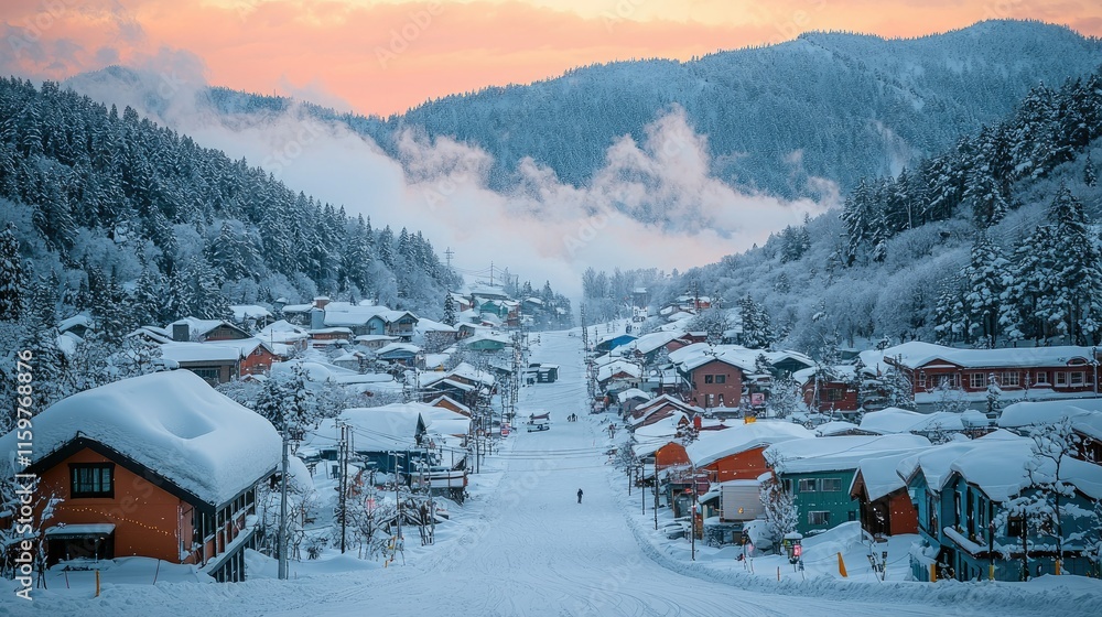 A tranquil winter village blanketed in snow, with colorful houses and a serene landscape. A tranquil winter village blanketed in snow, with colorful houses and a serene landscape.