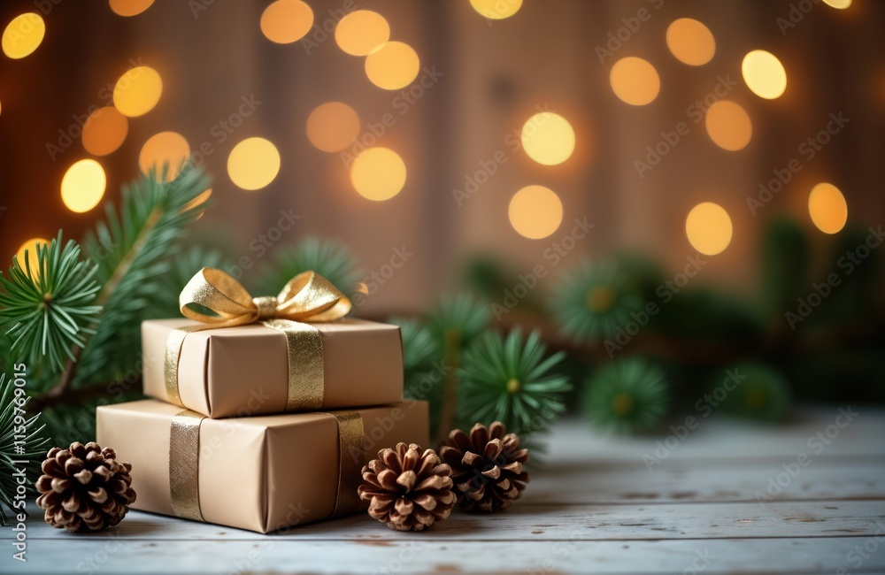 Christmas gifts wrapped in kraft paper with gold ribbons sit on light wooden table among pine branches, pine cones. Bokeh lights create festive background. Festive decor set for holiday season. Christmas gifts wrapped in kraft paper with gold ribbons sit on light wooden table among pine branches, pine cones. Bokeh lights create festive background. Festive decor set for holiday season.