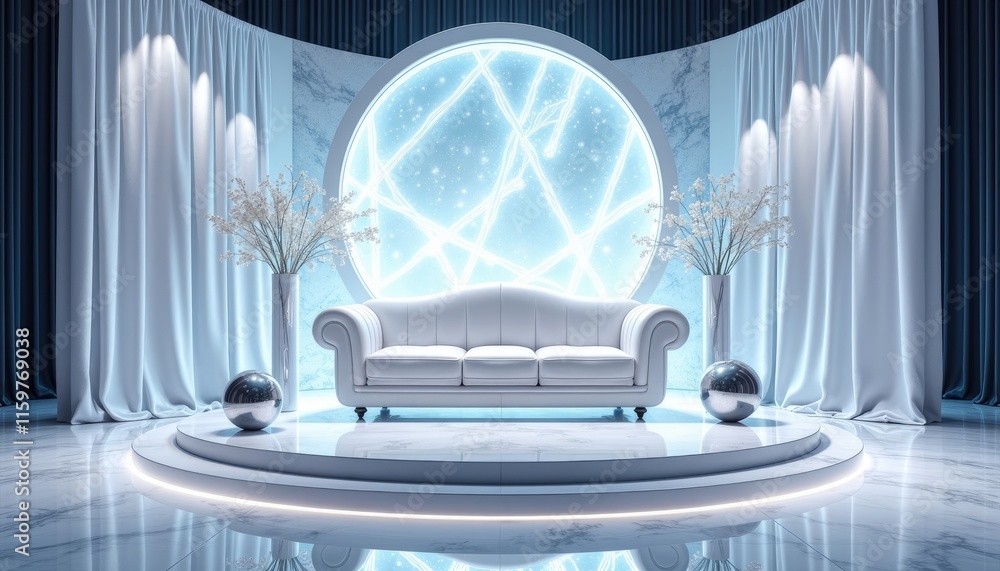 A white sofa with three cushions sits on a circular platform in a luxurious room, flanked by two silver spheres and flanked by white curtains with a blue curtain. A white sofa with three cushions sits on a circular platform in a luxurious room, flanked by two silver spheres and flanked by white curtains with a blue curtain.