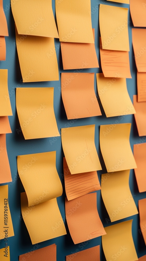 Fototapeta premium Concept of measuring customer satisfaction feedback. A vibrant wall covered with yellow post-it notes, creating a dynamic and organized space for ideas and reminders.