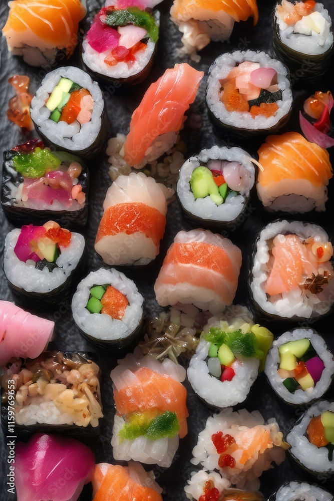 Gourmet sushi display featuring colorful rolls, sashimi, and garnishes. Ideal for food styling, restaurant advertising, and culinary articles, highlighting fresh ingredients and artistic presentation. Gourmet sushi display featuring colorful rolls, sashimi, and garnishes. Ideal for food styling, restaurant advertising, and culinary articles, highlighting fresh ingredients and artistic presentation.