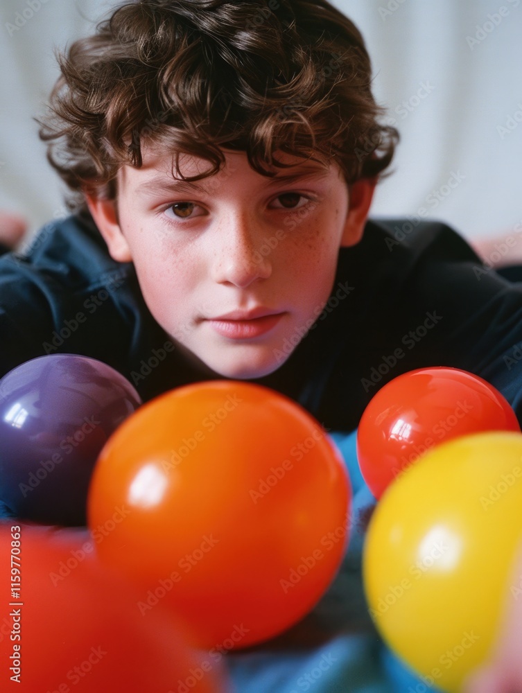 A young boy enjoying an indoor playtime, holding a mix of colorful balls. A young boy enjoying an indoor playtime, holding a mix of colorful balls.