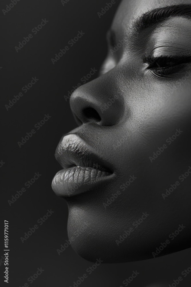 Close-up portrait of a woman, with a focus on her profile. The image is monochrome and captures the texture and expression of her skin. Close-up portrait of a woman, with a focus on her profile. The image is monochrome and captures the texture and expression of her skin.