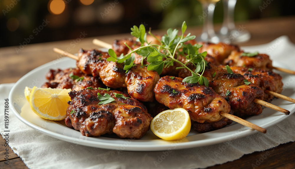 Grilled Chicken Kebabs Elegantly Plated with Lemon Wedges and Fresh Herbs on Textured Linen Cloth in Warm Evening Light Grilled Chicken Kebabs Elegantly Plated with Lemon Wedges and Fresh Herbs on Textured Linen Cloth in Warm Evening Light