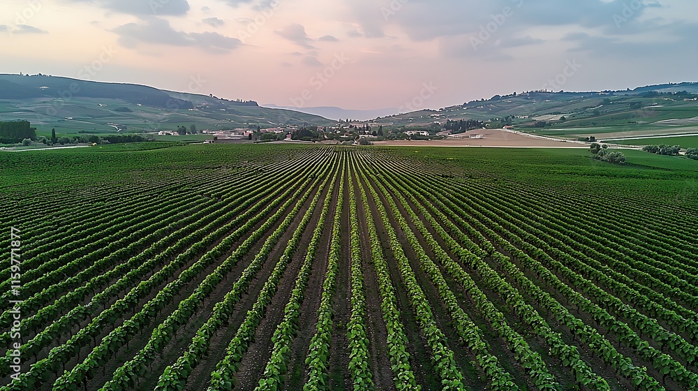 Fototapeta premium Aerial view of vineyard rows at sunset.