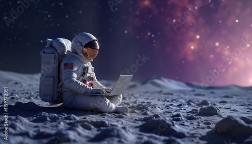 Astronaut sits on moon surface working on laptop. Outer space background with nebula, stars. Space exploration, futuristic concept. Person in astronaut suit uses tech. Science, discovery theme.