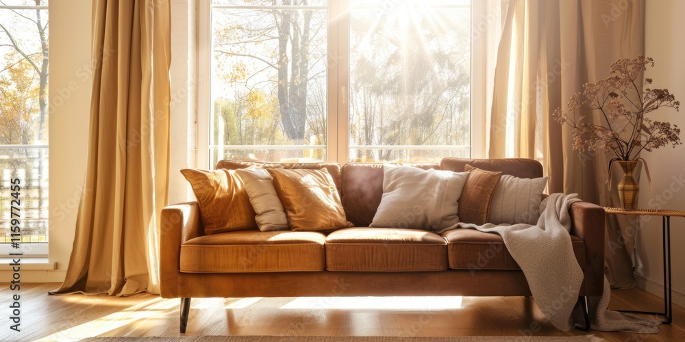 Lounge room with comfortable couch and pillows, basking in soft sunlight filtering through curtains.